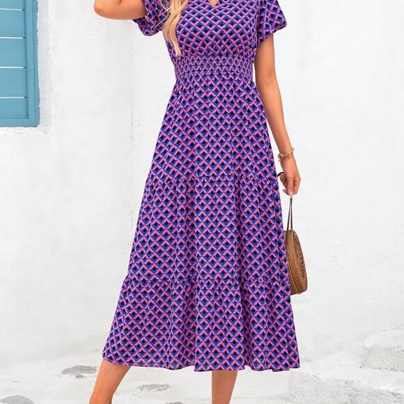 MASCOMODA Summer Maxi Dresses for Women 2025 Casual V Neck Puff Short Sleeve Smo - Picture 3 of 10